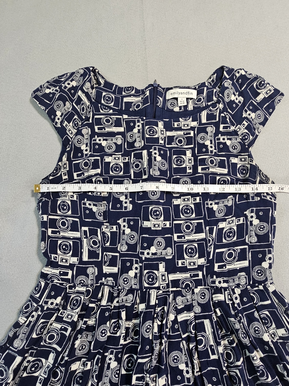 Emily and Fin Camera Print Fit & Flare Dress Blue White Retro Midi Pockets Small - Picture 7 of 10